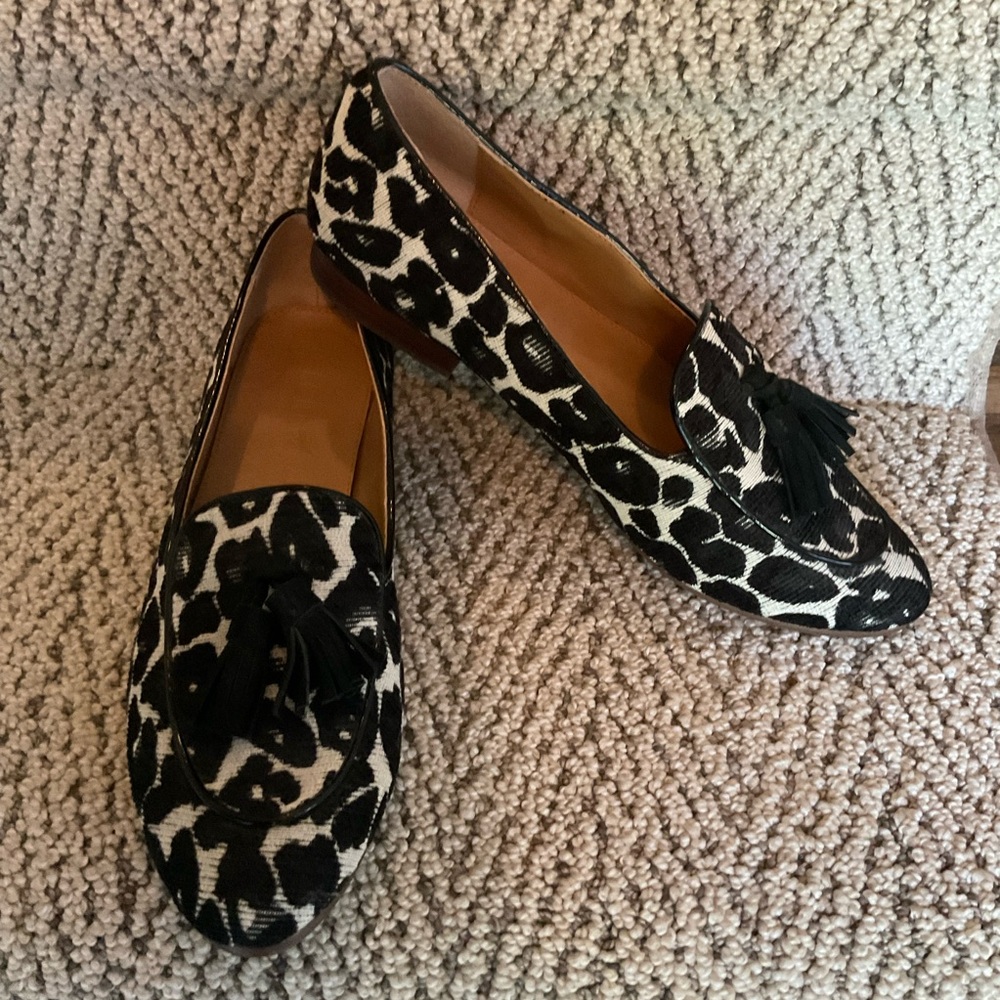 J Crew Stylish Black and White Leopard Loafers 7.5